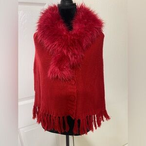 Mephisto Red Knit Poncho with Faux Fur Trim